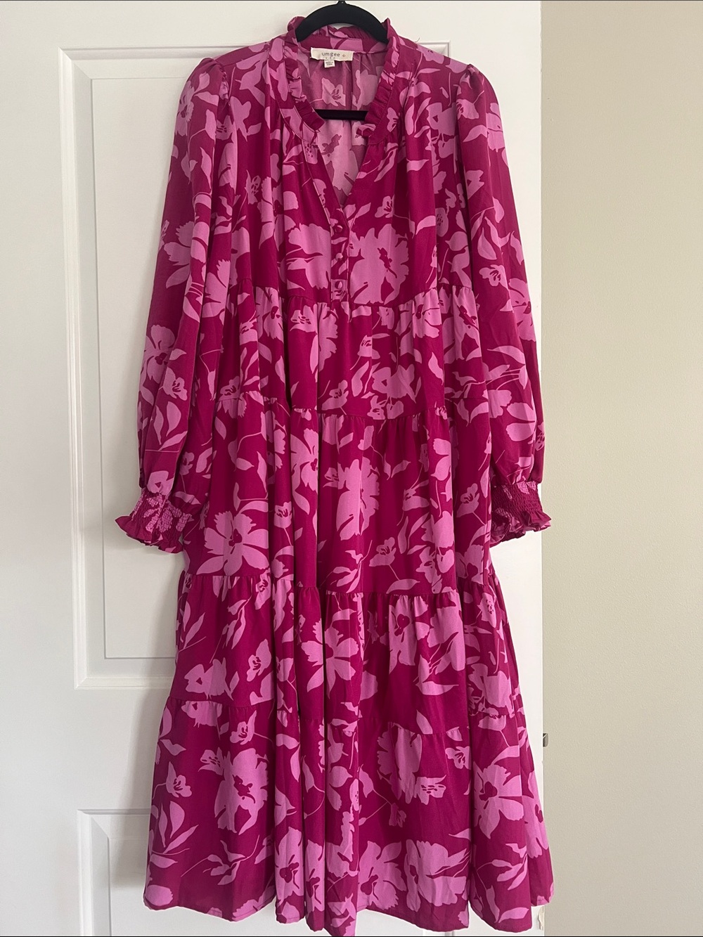 Umgee Fuchsia and Light Pink Floral Tiered Midi Dress